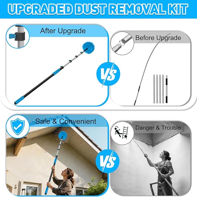 18FT Reach Cobweb Duster with Extension Pole - Spider Web Brush for Cleaning with 3-12FT 4-Section Flip-Lock Telescopic Pole, Effortlessly Cleans High Indoor & Outdoor Webs