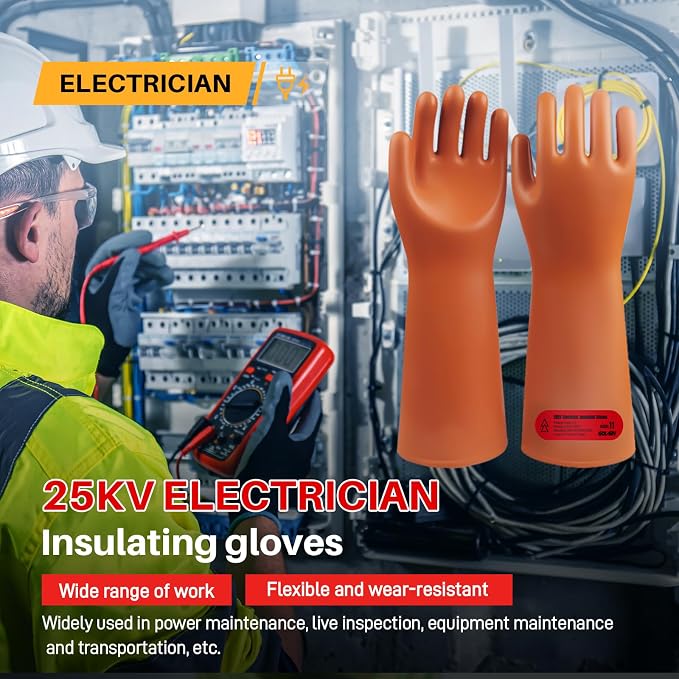 Class 2 Insulated Gloves, ASTM D120, 17000V, 1 Pair, Yellow | High voltage dielectric rubber gloves for linemen & electricians. Electrical safety PPE, arc flash protection.