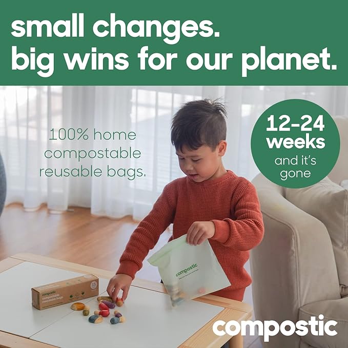 Compostic Compostable Gallon Bags (100 Count) Bulk Pack — Resealable Zip-Seal, Plant-Based, Home Compostable, Freezer Safe, BPA-Free, Non-Toxic, GMO-Free Food Storage Bags