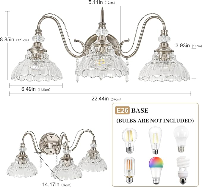 Brushed Nickel Bathroom Vanity Light, 3-Light Nickel Finish Wall Sconce with Hanging Crystal Accents and Flower-Shaped Clear Glass Shades, Modern Wall Mount Vanity Light Over Mirror for Bathroom
