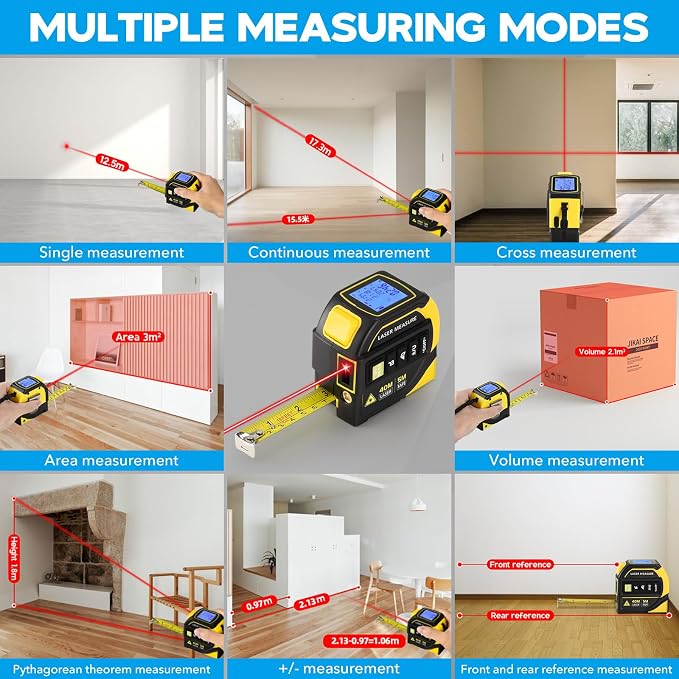 4-in-1 Laser Tape Measure - Class 2, 131FT Laser Distance Meter, 16FT AutoLock Tape Measure, Cross-Line Laser Level, Dual-Axis Electronic Angle, LCD Display, for DIY, Construction Projects