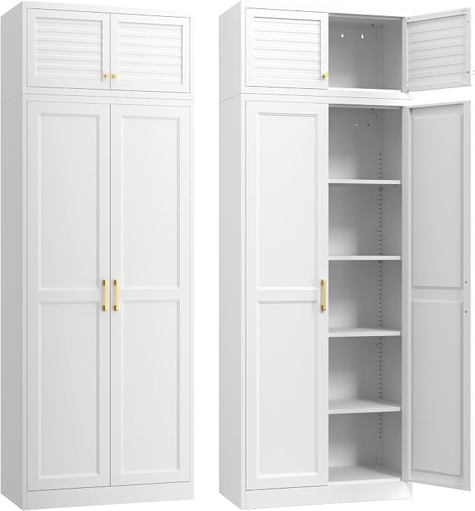 Steeloong 86"Metal Pantry Storage Cabinet with Doors & 4 Adjustable Shelves | Kitchen Pantry Cabinet,White Kitchen Cabinet with 4 Gold Handles,Tall Cabinet for Livingroom,Pantry, Bathroom,Kitchen,Garage