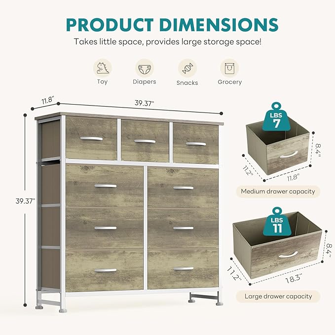 OLIXIS 9 Drawer Storage Dresser with Wood Top - Wide Fabric Chest Organizer for Bedroom, Closet, Living Room,Tower Cabinet, TV Stand, Hallway Entryway Furniture,Oak Greige