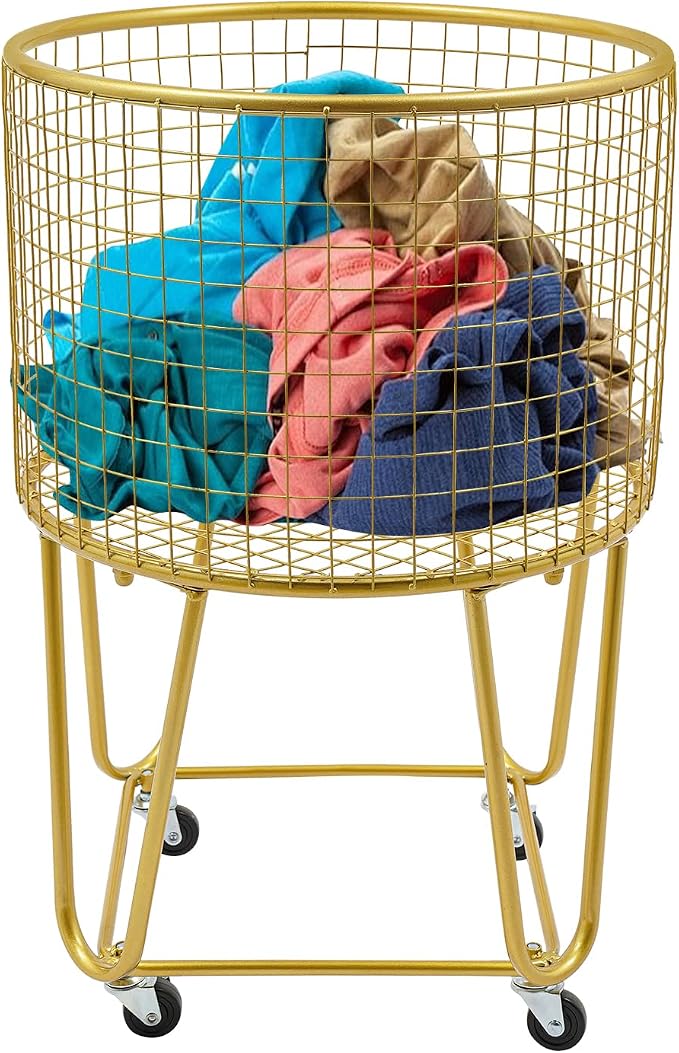 Rolling Laundry Basket with Wheels, Round Metal Mesh Wire Laundry Hamper, Large Capacity Dirty Clothes Basket, Versatile Portable Storage Basket for Home, 17"×11.8"×25.6" (Gold-Round)