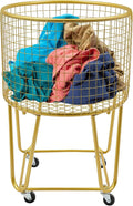 Rolling Laundry Basket with Wheels, Round Metal Mesh Wire Laundry Hamper, Large Capacity Dirty Clothes Basket, Versatile Portable Storage Basket for Home, 17"×11.8"×25.6" (Gold-Round)