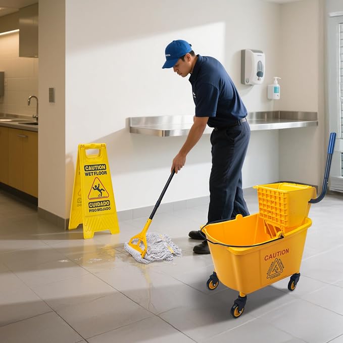 Kefanta 35 Qt Side Press Wringer Combo Commercial Mop Bucket on Wheels Set,Yellow,Include 1 Heavy Duty Industrial Mop for Floor Cleaning and Wet Floor Caution Sign