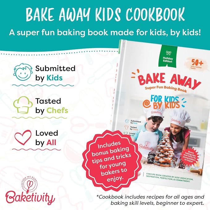 Baketivity 4 in 1 Kids Baking Set Mega Kit - Cake Pop Kit with Stand - Kids Apron and Chef Hat Set - Bake Away Cookbook - Cooking Real Utensils - Baking Gifts for Girls & Boys