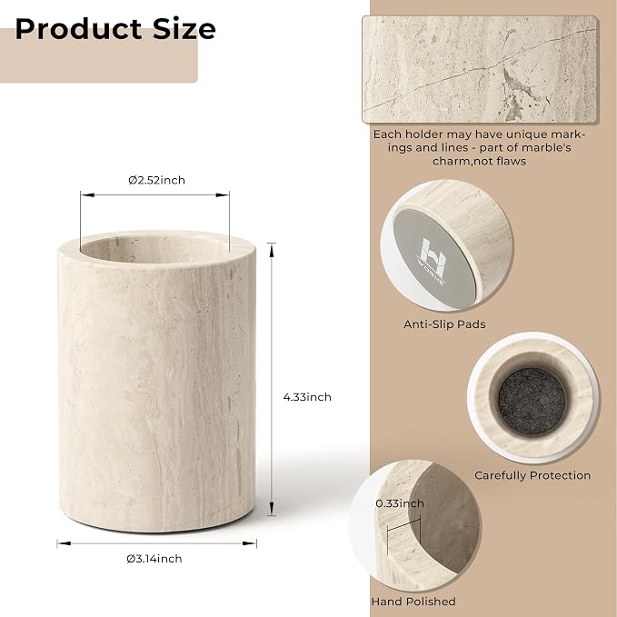 Natural Marble Pen Holder for Desk, Handcrafted Sturdy Desk Organizer with Anti-Slip Base 3.1” x 4.3” – Unique Stone Craft for Office Supplies, Makeup Brushes & Home Decor Grey (WH077)