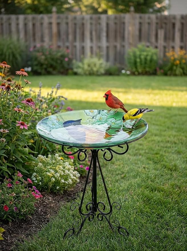 Large Glass Bird Bath with Metal Stand, Baltimore Oriole | 18" Wide Bowl, 3.2" Bathing Depth, Thick Glass Construction, Stable 3-Leg Base, Easy Clean Surface, Garden Decor