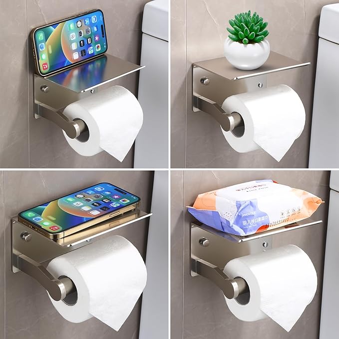 Homely Trove Toilet Paper Holder with Shelf - Self Adhesive Tissue Towel Dispenser or Wall Mounted Toilet Paper Roll Holder - Rustproof Bathroom Phone Holder Tissue Holder Brushed Nickel