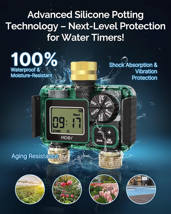 MOES 2 Outlet Sprinkler Timer, Brass Inlet & Outlet, Programmable Automatic Irrigation Controller, Rain Delay, Manual Watering, 2 Zone Water Hose Timer for Gardens, Lawns, and Hose Systems