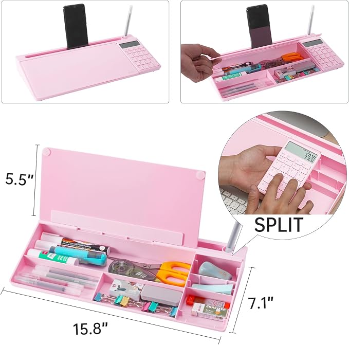 Small Glass Desktop Whiteboard Dry-Erase-Board - Computer Keyboard Stand with Calculator White Board Surface Pad with Drawer, Desk Organizers with Accessories for Office, Home, School Supplies - Pink