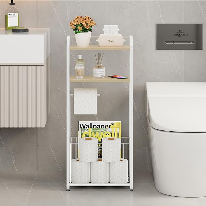 HapiRm Freestanding Toilet Paper Holder - 4-Tier Bathroom Tissue Organizer with Wood Shelves and Large Basket, Toilet Paper Holder Stand for Bathroom, Laundry Room, Apartment - White（Large）