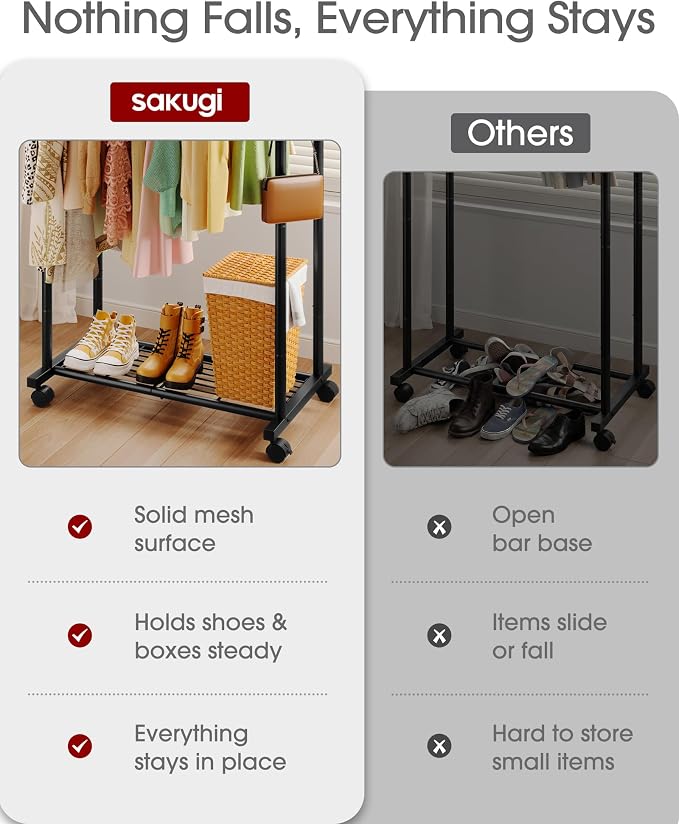 Sakugi Clothes Rack - Double Rods Clothing Rack with Mesh Shelf, Hooks & Wheels, Metal Clothing Racks for Hanging Clothes & Bags, Multifunctional Garment Rack for Laundry, Black, 28.7" x 16.5" x 59.1"