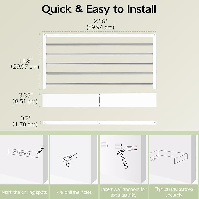 Vikaqi Wall Mounted Clothes Drying Rack 23.6", Foldable Wall Mount Laundry Rack Folding Indoor, Drying Rack Clothing Collapsible, Hidden Space Saver with Wall Template, 5 Rods, White