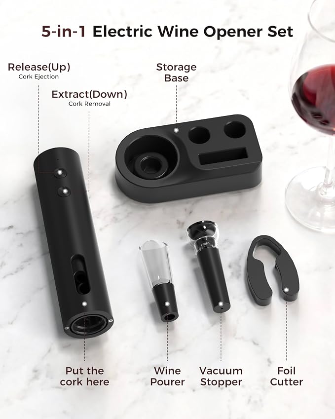 Rechargeable 5-in-1 Electric Wine Opener Set, Cordless Automatic Wine Bottle Opener with Foil Cutter, Aerator Pourer, Vacuum Stopper & Storage Base, Ideal for Home Bar, Party, Wedding Gifts