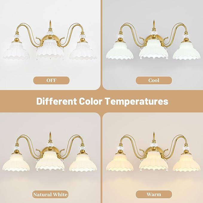 Vintage Bathroom Vanity Light, 3-Light Brushed Gold Finish Wall Sconce with Hanging Crystal Accents and Flower-Shaped White Glass Shades, Retro Wall Mount Vanity Light Over Mirror for Bathroom