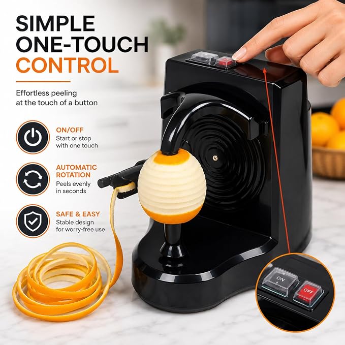 Electric Orange Peeler Automatic Fruit and Vegetable Peeler Machine, Peels Apples, Potatoes, Citrus, Stainless Steel Blade, Compact White (Black)
