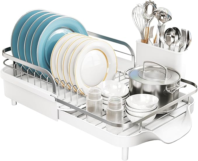 SNTD Dish Drying Rack, Expandable Dish Rack for Kitchen Counter, Stainless Steel Dish Drainer with Drainboard Set and Utensil Holder (White)