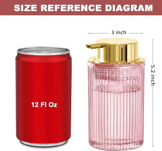 KASUNTING Pink Glass Foaming Soap Dispenser, Ribbed Foam Hand Soap Dispenser for Bathroom, 11 Fl Oz Refillable Foaming Pump Bottle with Black Pump, Modern Dish Soap Foam Dispenser