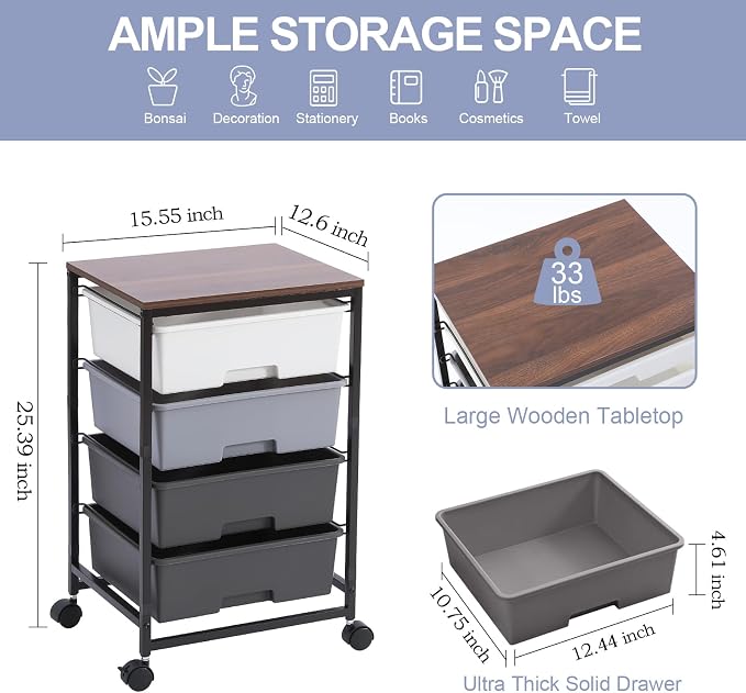 SYKIARIOL Utility Cart with 4 Drawers,Rolling Storage Cart with Drawers,Light Grey