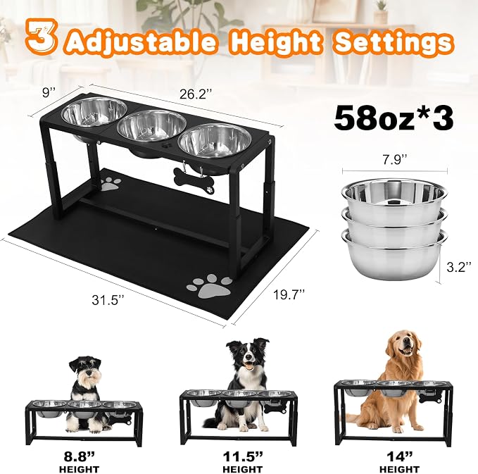 Metal Elevated Dog Bowls for Medium/Large Breed, 3 Adjustable Height(8.8''/11.5''/14'') Raised Dog Bowls Stand with Three 58oz Large Stainless Steel Dog Bowls, with The Splash pad