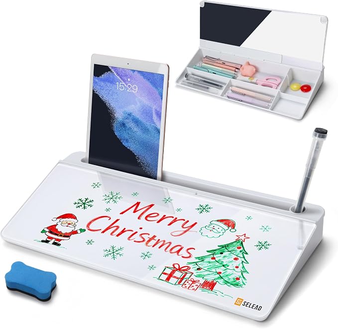SELEAD Desktop Glass Whiteboard with Organizer & Built-in Mirror, Small Dry Erase White Board Computer Pad Keyboard Stand for Home, School, Office Desk Accessories - White