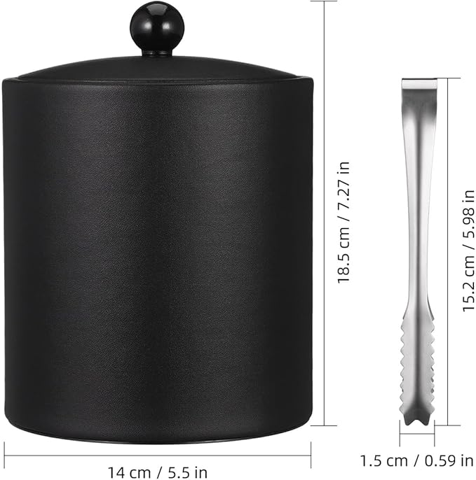 Ice Bucket with Lid & Tong - Insulated Stainless Steel Ice Bucket for Cocktail Bar & Parties - Black Double-Wall Wine Chiller with Strainer for Chilling Wine, Champagne & Beer - 5.5 x 5.5 x 7.3 inches