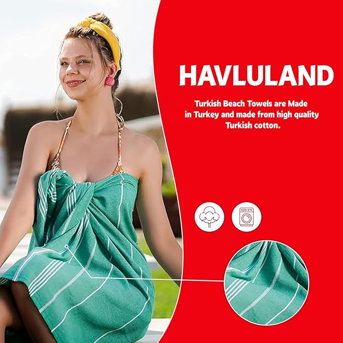 HAVLULAND Turkish Beach Towels, Set of 12, Oversized 72"x40" - Yellow | Soft Hammam Peshtemal, Sand Free, Quick-Dry, Absorbent Bath Towel | Lightweight & Compact for Travel, Pool, Gym, Spa