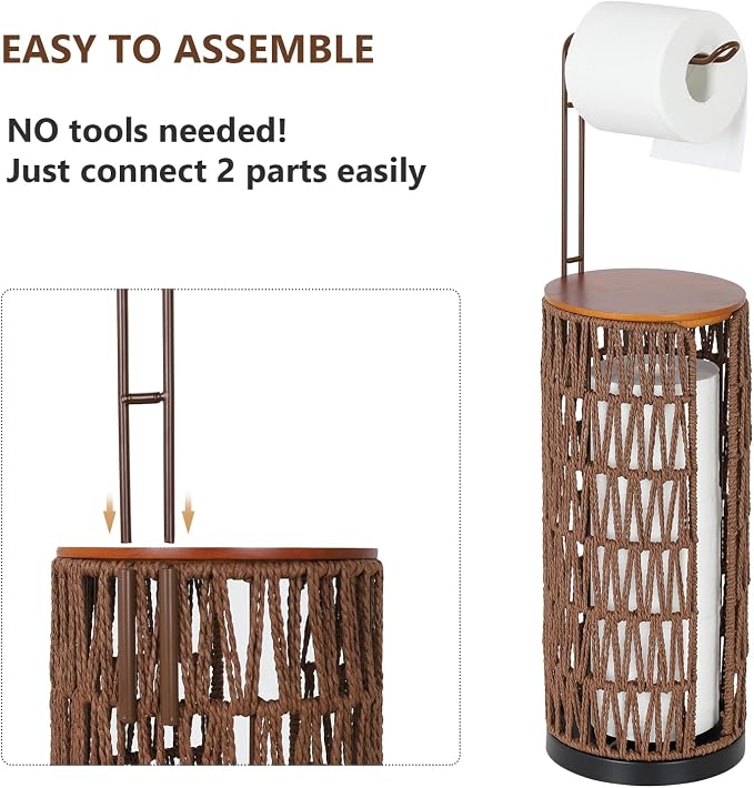 Trongee Freestanding Toilet Paper Holder with Storage,3 Rolls of Rattan Tissue Holder for Bathroom,Woven Toilet Paper Roll Holder Stand,Boho Bathroom Decor Farmhouse Toilet Paper Storage-Deep Brown