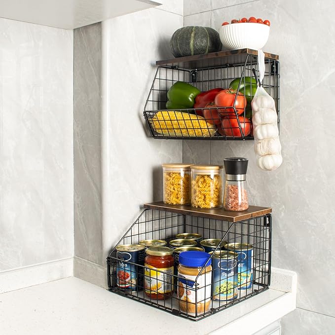 Mefirt Fruit Basket, Stackable Wall Mounted Fruit Baskets, Potato Baskets Onion Storage for Kitchen, Hanging Wire Basket with Wood Lid, 2-Tier Vegetable Organizer Kitchen Countertop Organization