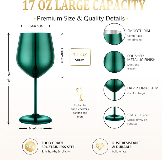 UNISWEET Unbreakable Stainless Steel Wine Glasses Set of 4, Green | 17oz Unique Fancy Metal Wine Goblets, Shatterproof, Ideal for Outdoor, Camping, Travel, Pool, Great Gift for Wine Lovers