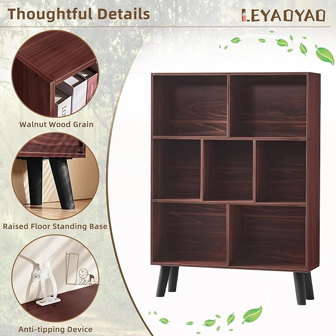 LEYAOYAO Cube Bookshelf, Mid-Century Modern Book Shelf with Legs, Walnut | 3 Tier Bookcase, Rustic Wood Bookshelves Freestanding Small Storage Organizer, Open Shelves for Bedroom, Living Room, Office