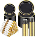 BESTVIP 350PCS Black Gold Dinnerware Set for 50 Guests, Plastic Plates for Halloween Party and Christmas, 50 Disposable Plates, 50 Dessert Plates, 50 Cups, 50 Spoons, 50 Forks and 100 Knives