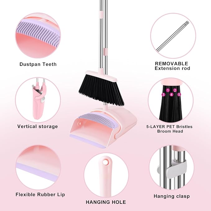 BSKLIN Broom and Dustpan Set, 52” Long Adjustable Handle Broom with Dustpan Combo Set with Dust Pan Teeth to Clean Hair for Home Lobby Office Kitchen (Small-Pink-Purple)