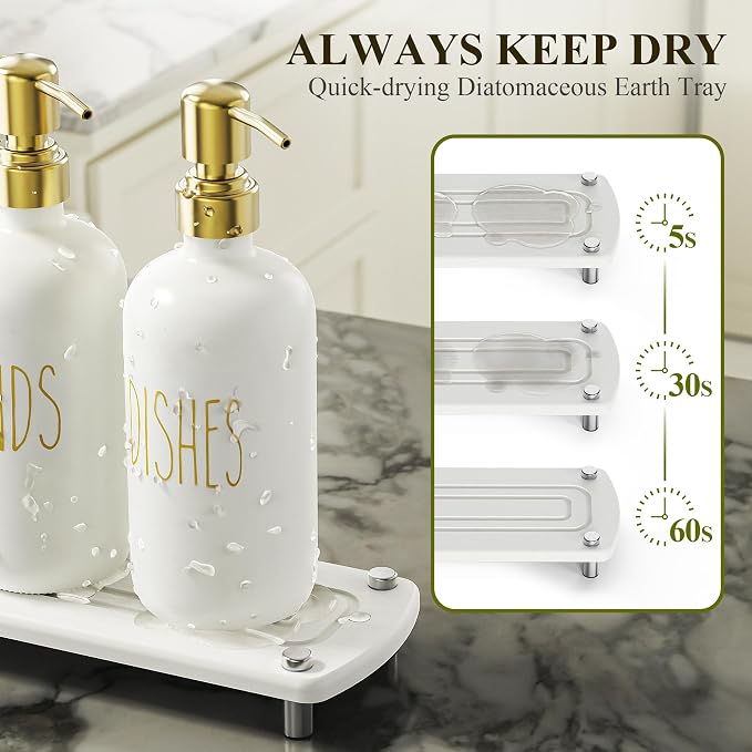 Cisily Kitchen Soap Dispenser Set Comes with Ceramics Sponge Holder, Gold Pumps, and Instant Dry Tray, Hand and Dish Soap Dispenser Set, Kitchen Decor and Accessories for Countertop Organizer