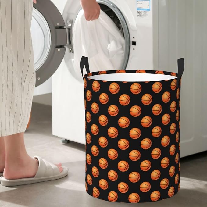 Fun Bblack Basketball Laundry Hamper Laundry Basket Circular Hamper Dirty Clothes Storage with Handles