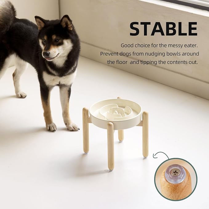 Havniva Elevated Slow Feeder Dog Bowls, Ceramic Dog Bowl Slow Feeder | 1.6 Cups Raised Slow Feeding Bowl for Medium Breed, Puzzle Dog Food Bowl with Wooden Stand, Non-Slip, Anti-Choking