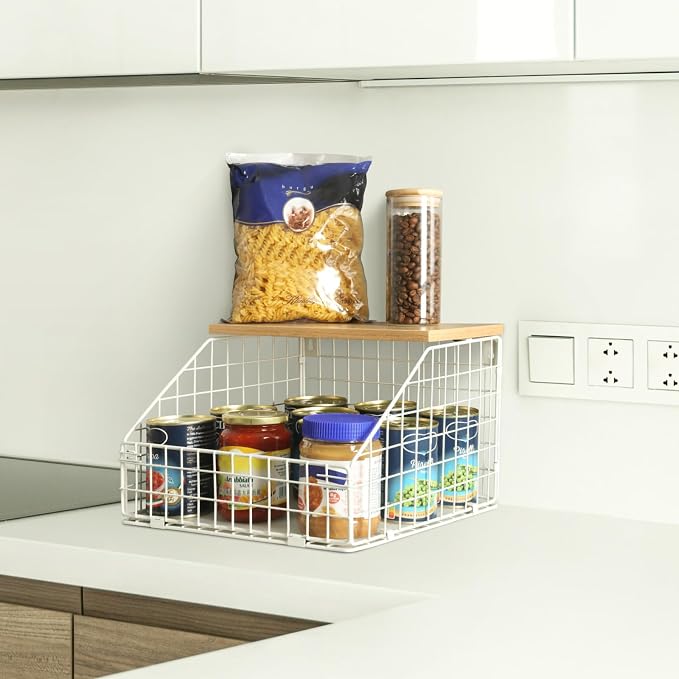 Mefirt White Fruit Bowl, 2-Tier Fruit Basket for Kitchen Counter, Stackable Wall Mounted Veggie Storage, Snack Organizer, Potato and Onion Storage Basket, Hanging Pantry Organizer with Wood Lid, 2 Set