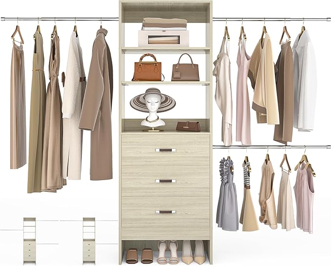 Besiost 96'' Closet Organizer System with 3 Hanging Rods, 8FT Closet Organizers and Storage with 3 Wooden Drawers, Built in Closet Organizer Systems, Adjustable Walk-in Wardrobe from 2-8FT, White Oak