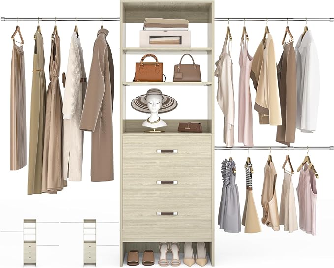 Besiost 96'' Closet Organizer System with 3 Hanging Rods, 8FT Closet Organizers and Storage with 3 Wooden Drawers, Built in Closet Organizer Systems, Adjustable Walk-in Wardrobe from 2-8FT, Light Oak