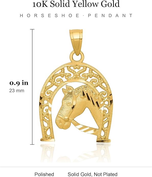 IceCarats 10K Yellow Gold Filigree Horseshoe Pendant Necklace | Polished, Solid, Medium, 23mm 7/8 inch