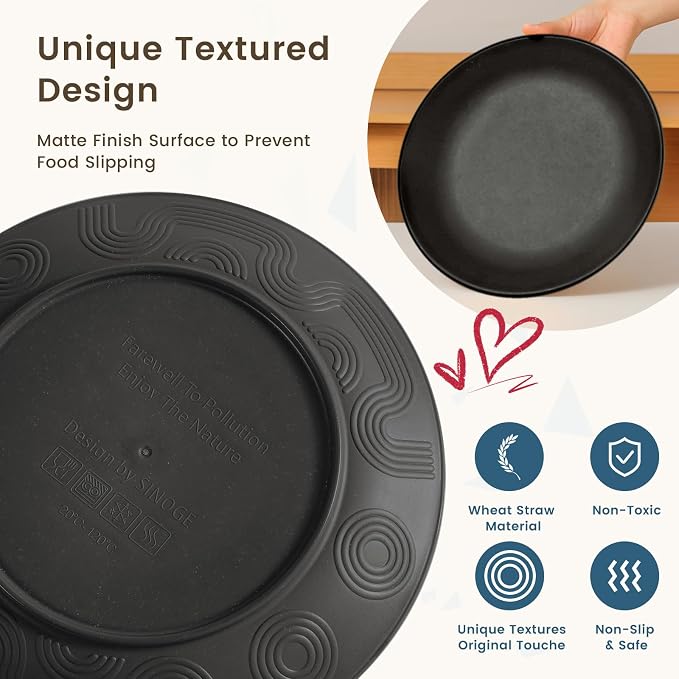 Homienly 40-Pieces Wheat Straw Dinnerware Set, Kitchen Plastic Wheat Straw Dinnerware Set - Service for 8, Unbreakable Lightweight Dish Set for Kitchen, Camping - Plates Set, Bowls, Cups Set(Black)