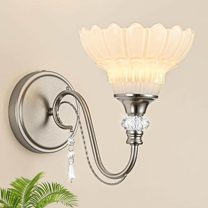 1 Piece Brushed Nickel Finish Wall Sconce, 1-Light Modern Wall Sconce with Hanging Crystal Accents and Flower-Shaped White Shades for Bathroom Bedroom Living Room,Modern Vanity Light