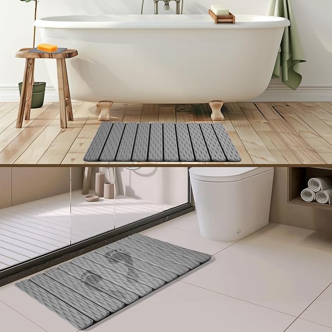 Foldable Stone Bath Mat, 2 Pcs Fast Drying Diatomaceous Earth Stone Drying Mat with Grooves on Surface, Non-Slip Rubber Base, Easy to Store and Clean (Grey, 24"x 16" & 8"x 4")