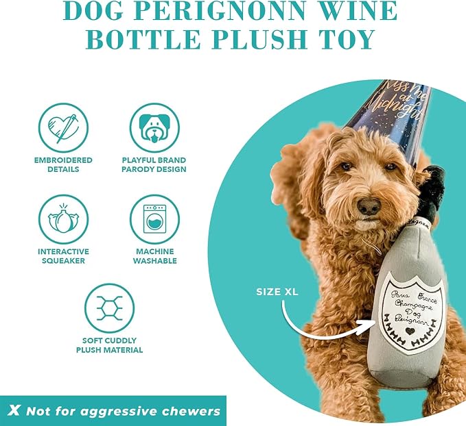 Haute Diggity Dog Champagne Dog Perignonn, Plush Designer Dog Toys with Interactive Squeaker, Stimulating Pet Enrichment, Machine-Washable & Safe Materials for All Breeds, Size Large