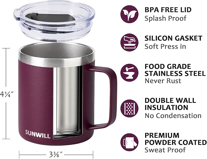 SUNWILL Travel Coffee Mug with Lid, Insulated Tumbler with Handle, 14 oz Stainless Steel Cup for Camping, Office, Home, Powder Coated Plum