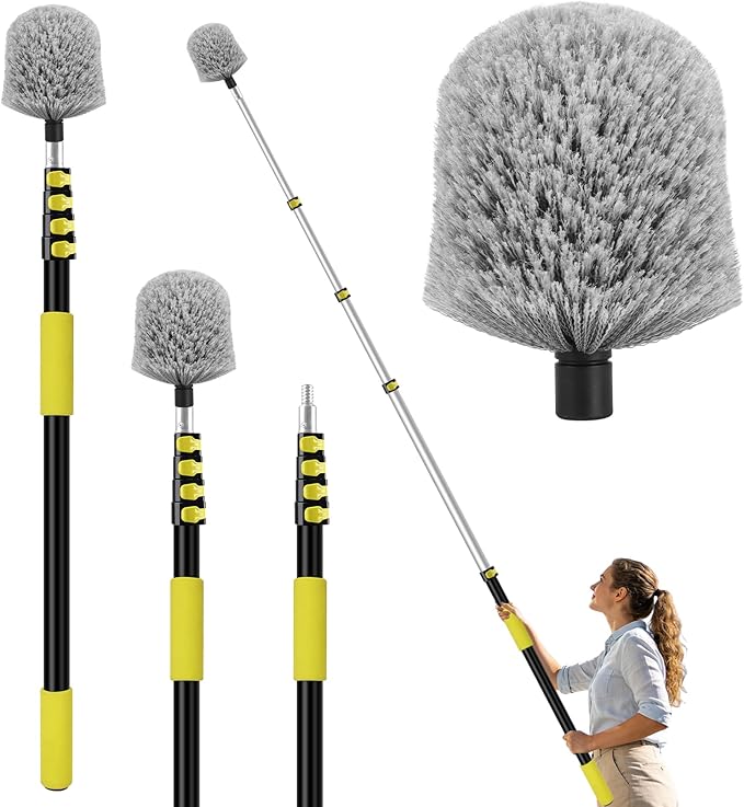 20FT High Reach Cobweb Duster with Extension Pole, Spider Web Brush for Cleaning with 3-12FT Telescopic Pole, 8" Larger Extendable Duster for High Indoor & Outdoor Webs