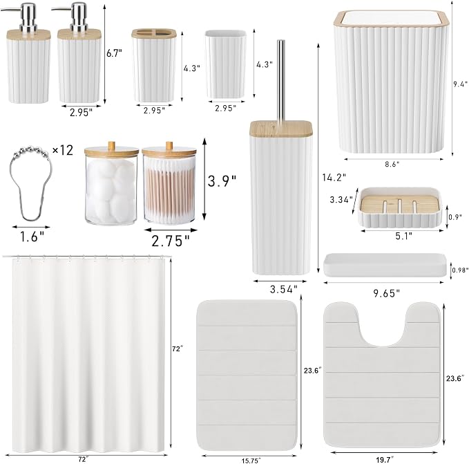 XLHOMO Bathroom Set - 25PC White Bathroom Set with Shower Curtain and Rugs, Bathroom Accessories Set, White Shower Curtain Set with Bathroom Trash Can
