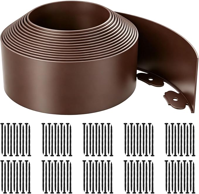 Garden Edging Border, 4In x 66 FT Landscape Edging with 100 Spikes, Brown | Plastic lawn edging, Tool-Free Installation, Flexible Landscaping Edging for Garden Flower Beds Yard Lawn Pathway Paver